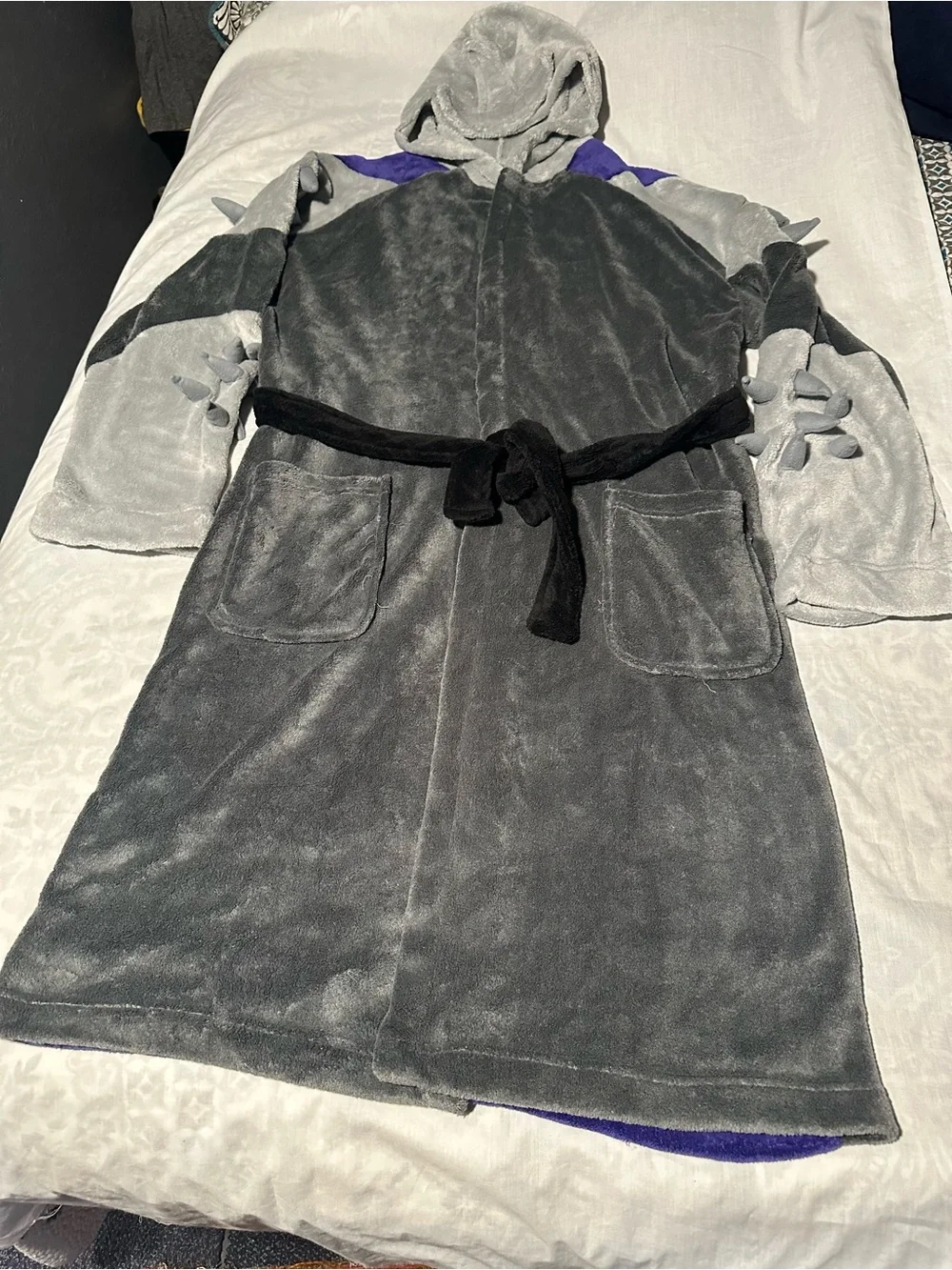 Nickelodeon Gray Plush Robe with Purple Lining and Black Trim